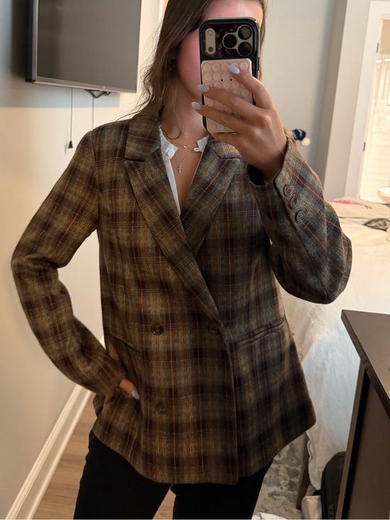 Greylin Jackets & Blazers - Greylin Plaid Double-Breasted Blazer in Brown and Green Tones